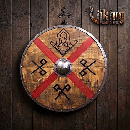 The Skjöldr of Asgard Red Cross & Runic God-Mask Viking Shield