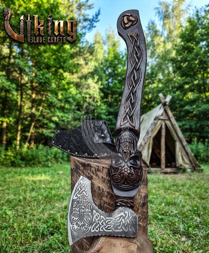 Hand-Forged 23" Norse Skull Carved Rosewood Axe | Skull Etched