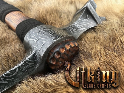 Skull War Hammer - Compact Engraved Carbon Steel Viking Hammer