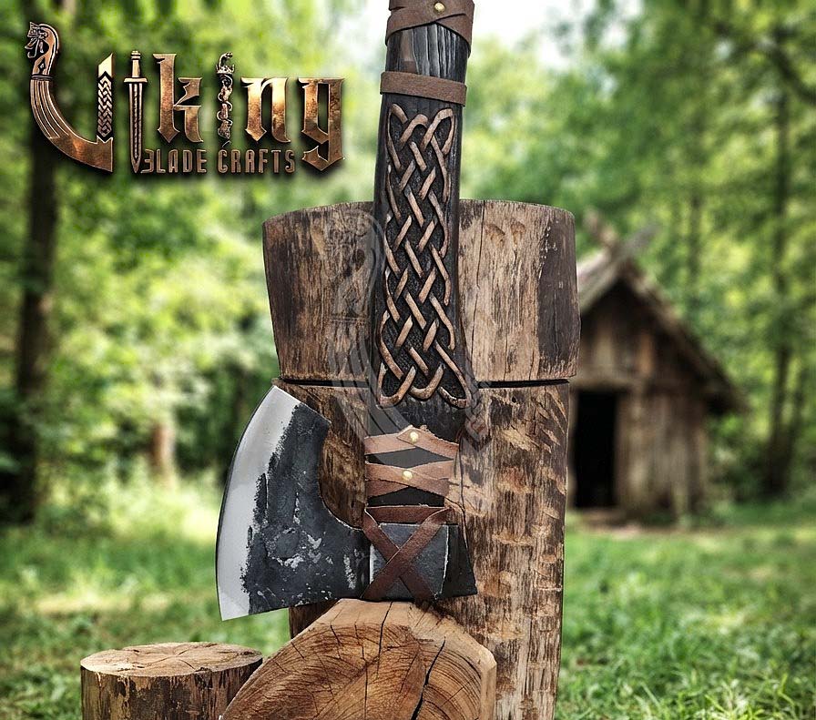 Hand-Forged Viking Bearded Axe 30" | Norse Knotwork Carved Curved Ashwood