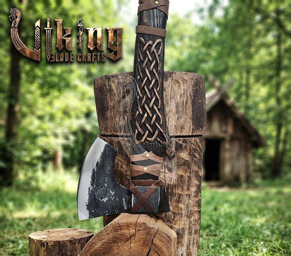 Hand-Forged Viking Bearded Axe 30" | Norse Knotwork Carved Curved Ashwood