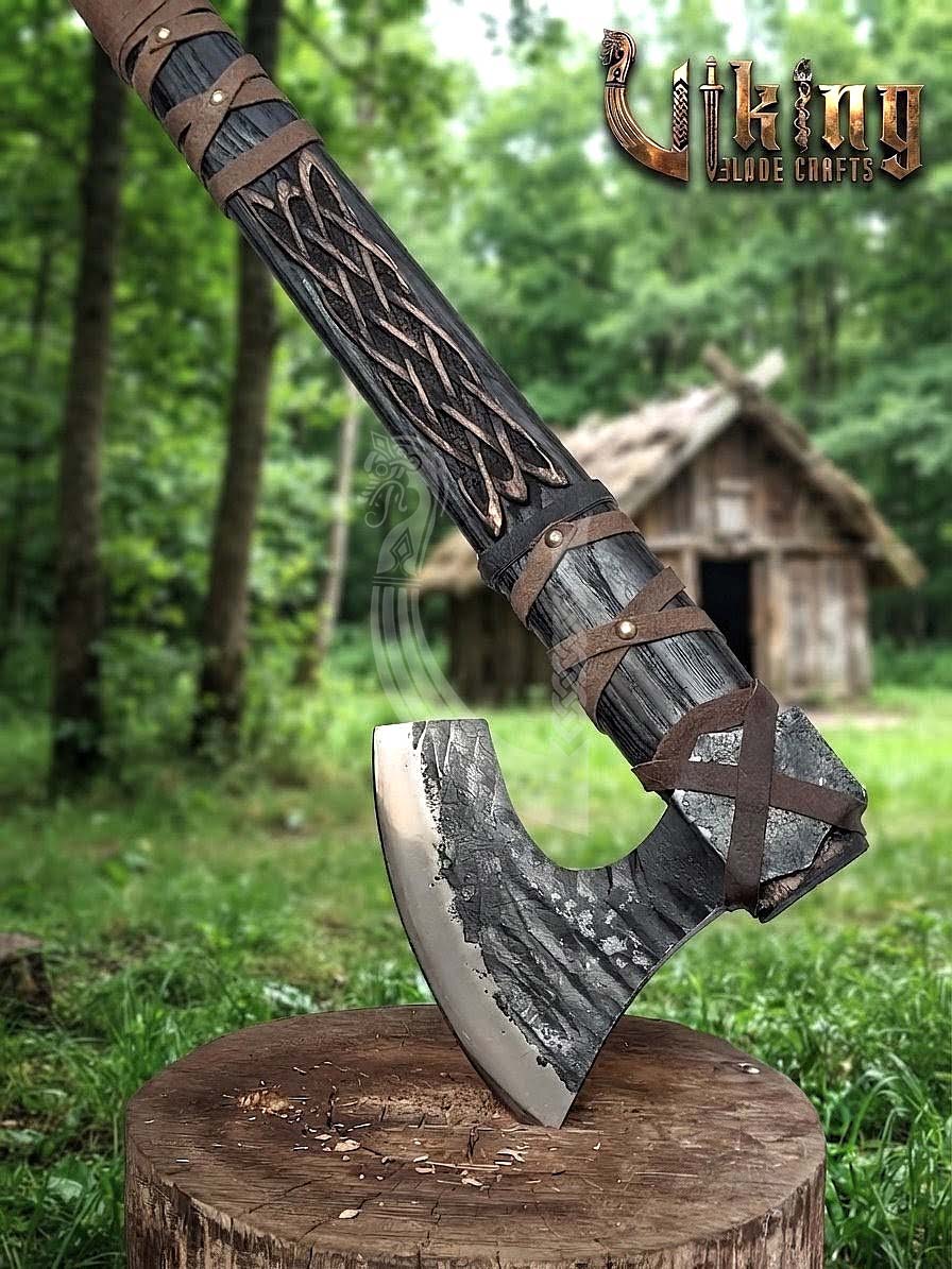 Ragnar-Inspired Viking Axe | Hand-Forged Knotwork Carved Ashwood
