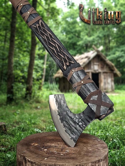 Ragnar-Inspired Viking Axe | Hand-Forged Knotwork Carved Ashwood