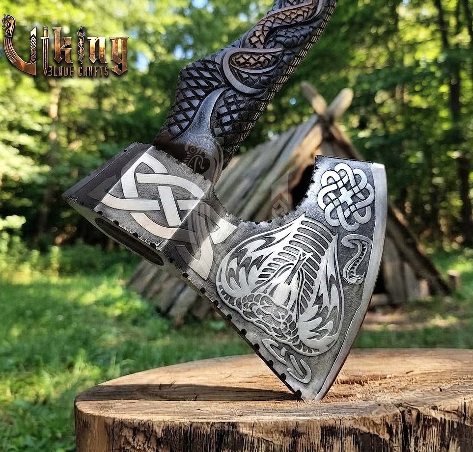 Hand-Forged Norse Serpent Carved Rosewood Axe 23" | Serpent Etched