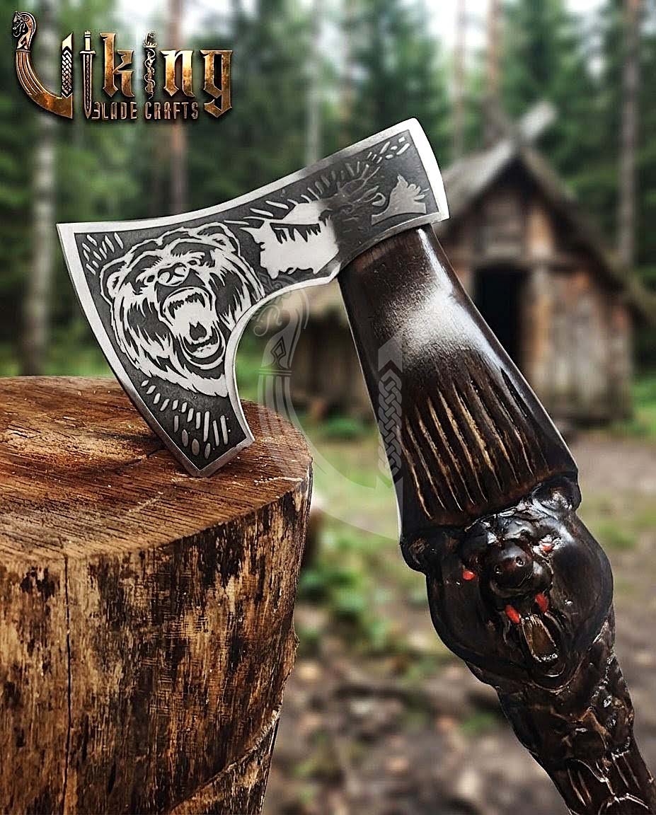 Bjorn Bear Viking Axe | Hand Carved Handle | Forged Steel