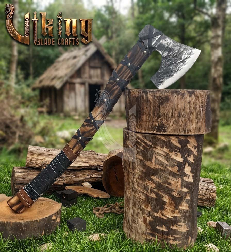 True Hand-Forged Viking Bearded Axe 30" | Leather-Wrapped Hooked Skeggøx