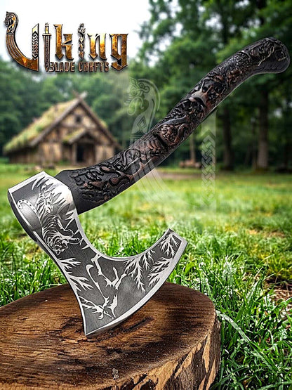 Wildlife Viking Axe | Hand Carved Handle | Forged Steel