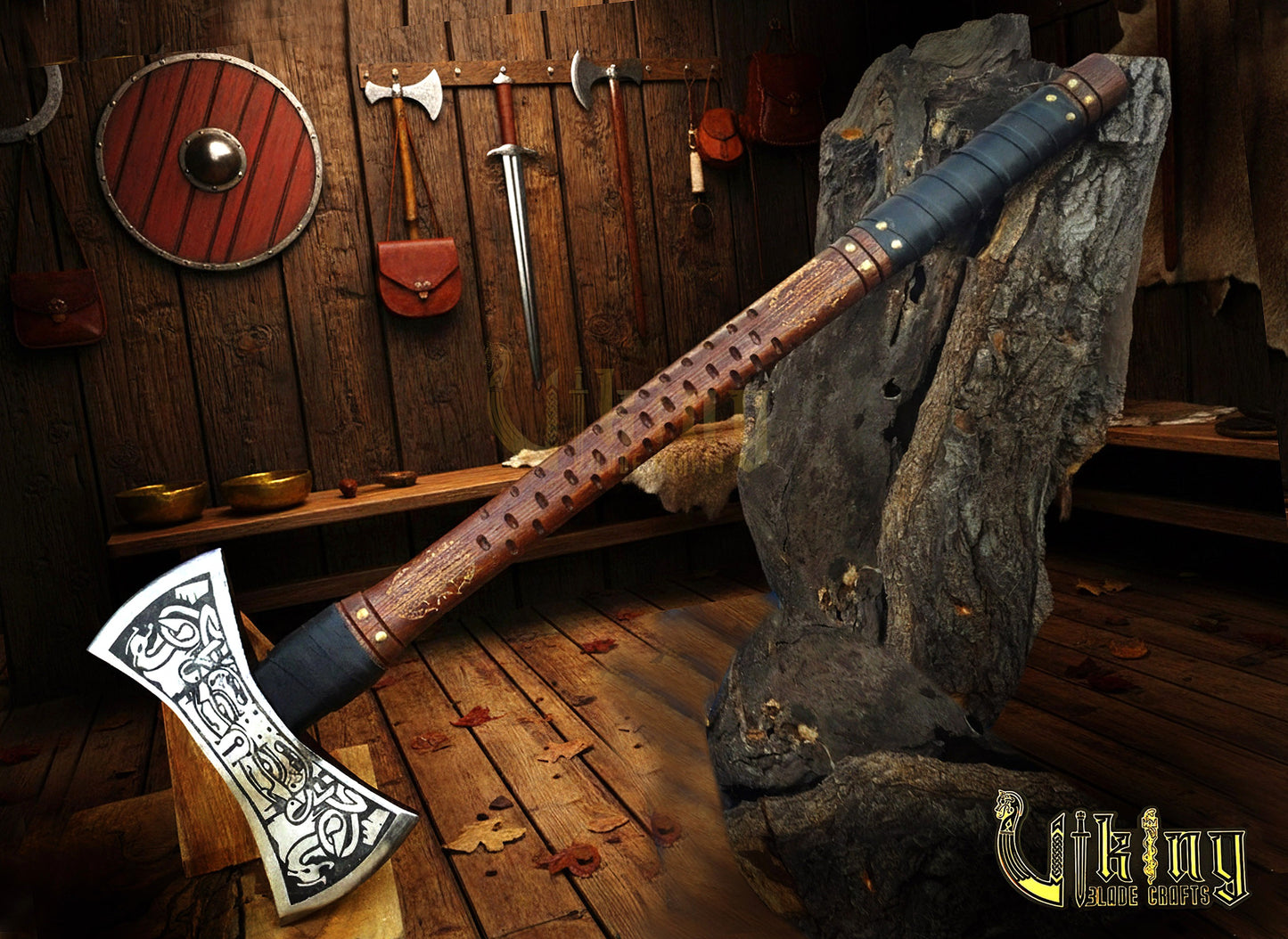 The Helm of Awe 30" Viking Axe & Carved Wooden – Norse Warrior Axe