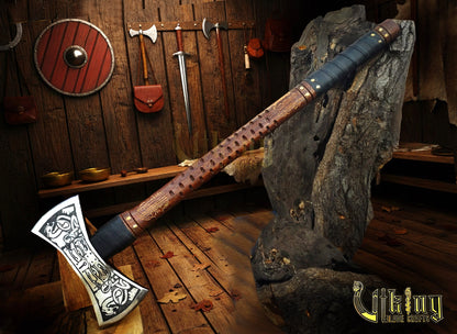 The Helm of Awe 30" Viking Axe & Carved Wooden – Norse Warrior Axe