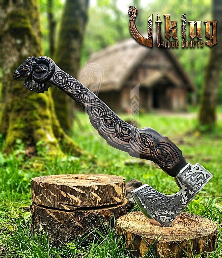 Hand Carved Viking Goat Axe | Geit Handle | Forged Steel