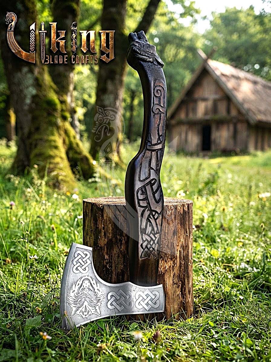 Hand Carved Viking Axe | Wolf Head Handle | Forged Steel