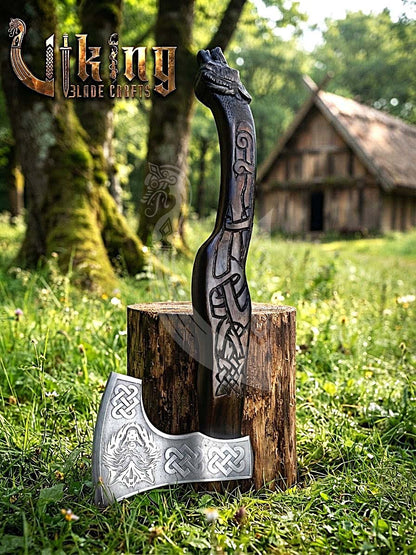 Hand Carved Viking Axe | Wolf Head Handle | Forged Steel