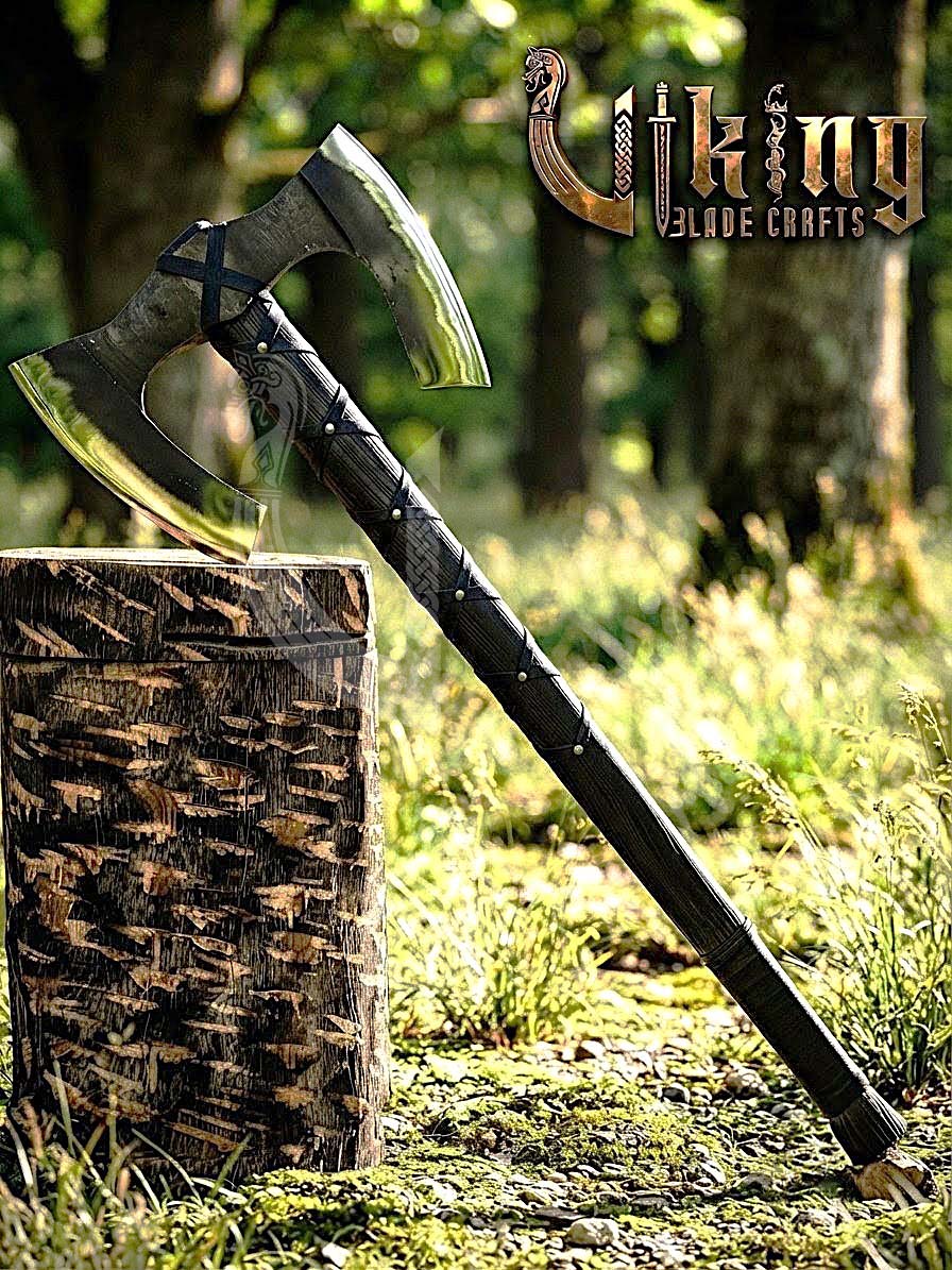 36" Double Bit Viking Axe - Hand Forged Carbon Steel & Leather Cover