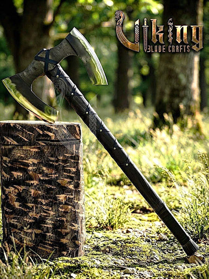 36" Double Bit Viking Axe - Hand Forged Carbon Steel & Leather Cover