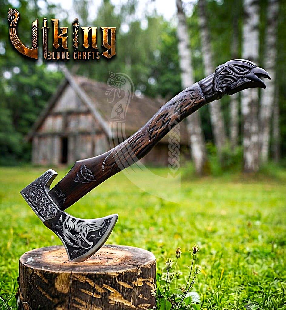 Huginn Muninn Viking Axe | Raven Carved Handle | Forged Steel