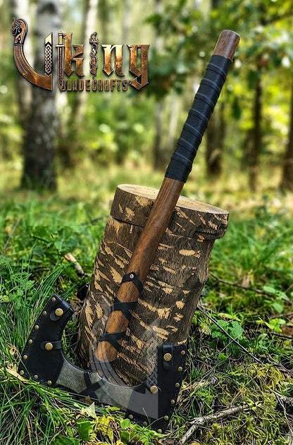30" Double Bit Viking Battle Axe - Hand Forged Carbon Steel & Leather