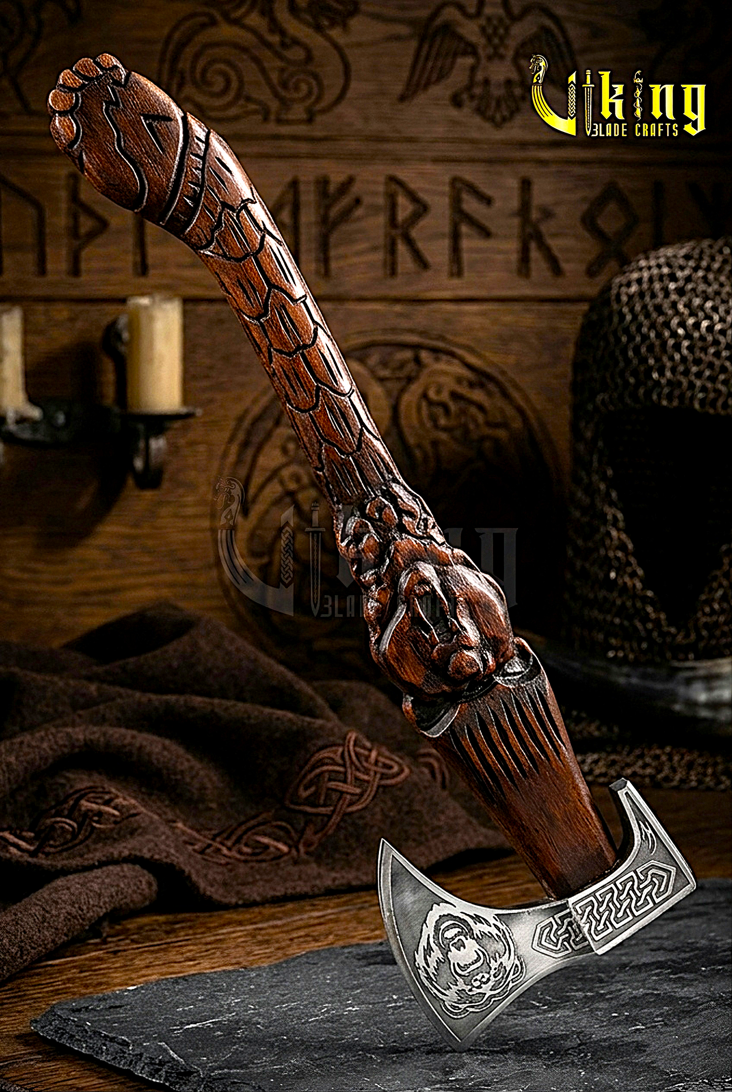 hand carved bear handle Viking axe with forged steel blade