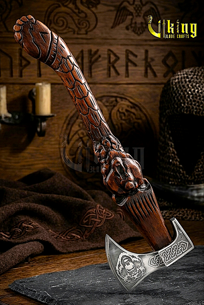hand carved bear handle Viking axe with forged steel blade