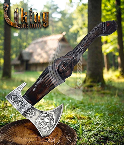 Viking Bear Axe | Hand Carved Handle | Forged Steel | Bjorn