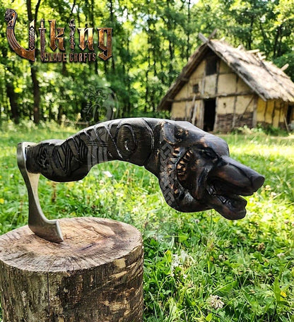 Fenrir Viking Axe | Hand Carved Wolf Handle | Forged Steel