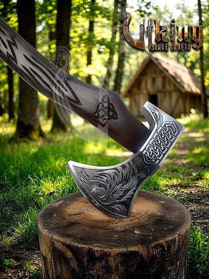 Huginn Muninn Viking Axe | Raven Carved Handle | Forged Steel