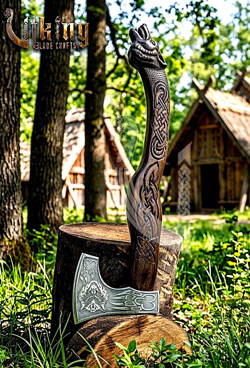 Viking Battle Axe | Hand Carved Wolf Handle | Forged Steel