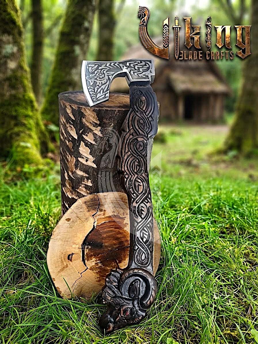 Hand Carved Viking Goat Axe | Geit Handle | Forged Steel