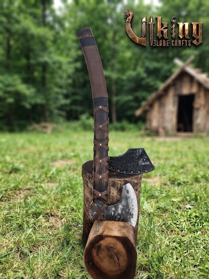 True Hand-Forged Viking Bearded Axe 30" | Leather-Wrapped Curved Skeggøx