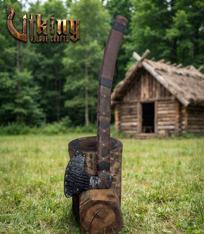 True Hand-Forged Viking Bearded Axe 30" | Leather-Wrapped Curved Skeggøx