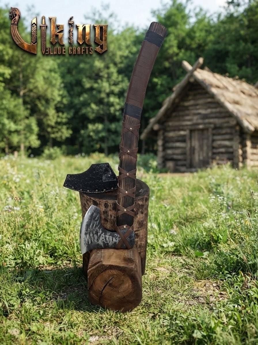 True Hand-Forged Viking Bearded Axe 30" | Leather-Wrapped Curved Skeggøx
