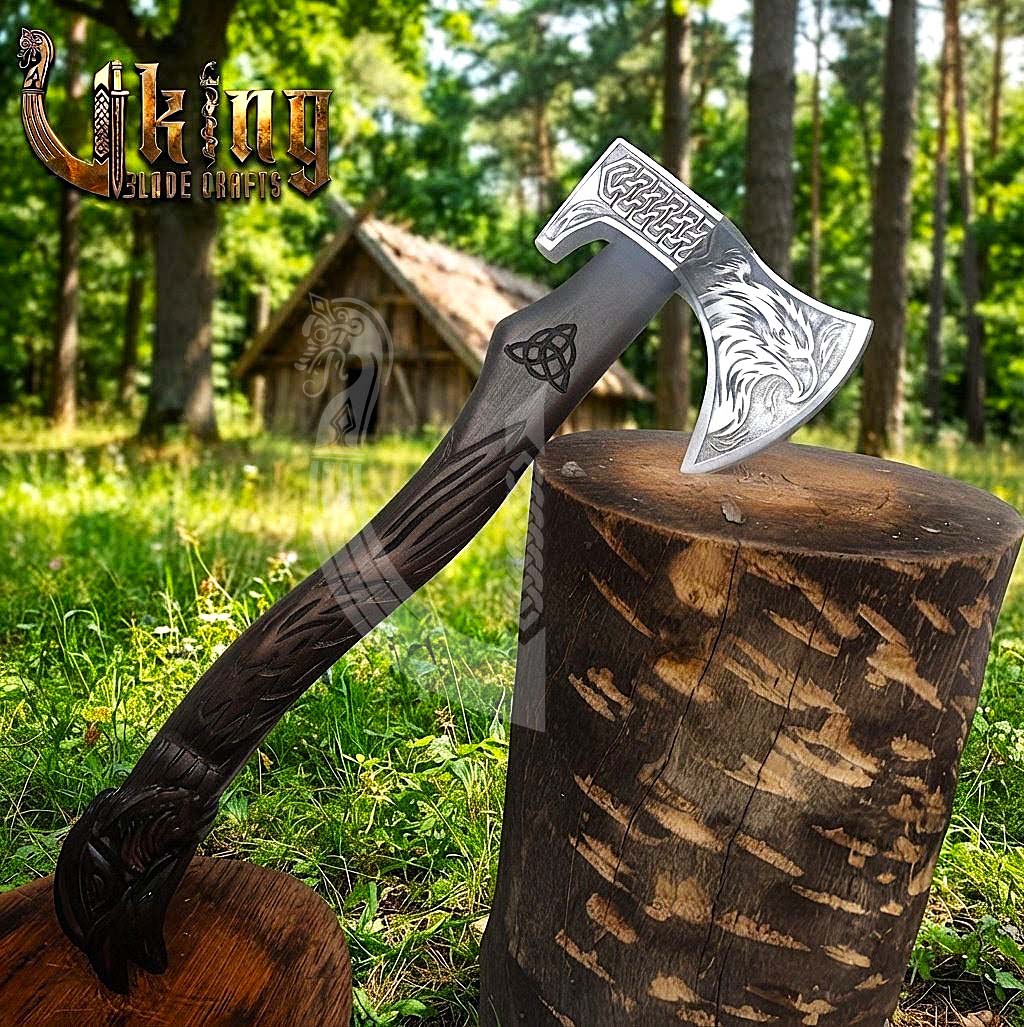 Huginn Muninn Viking Axe | Raven Carved Handle | Forged Steel