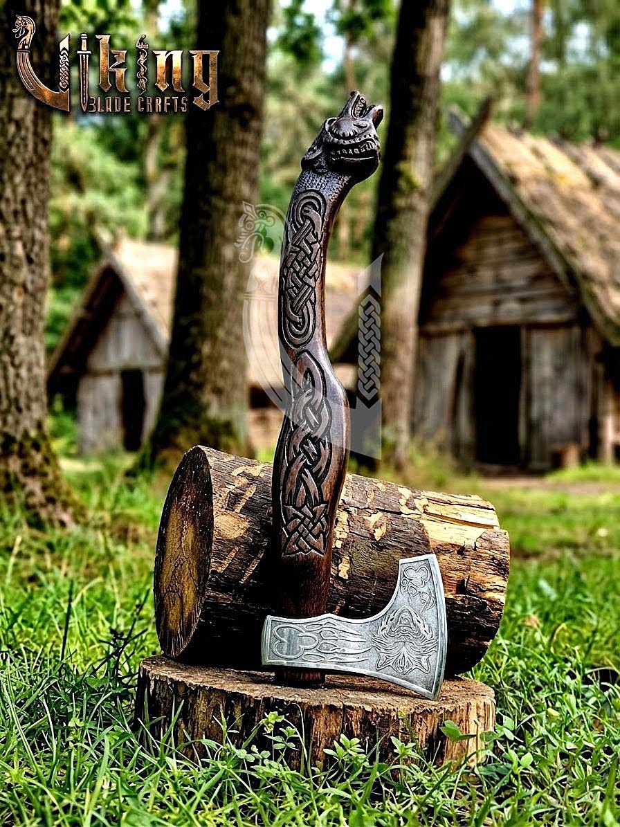 Viking Battle Axe | Hand Carved Wolf Handle | Forged Steel