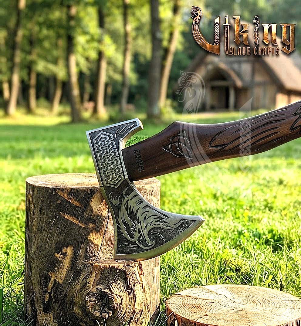 Huginn Muninn Viking Axe | Raven Carved Handle | Forged Steel