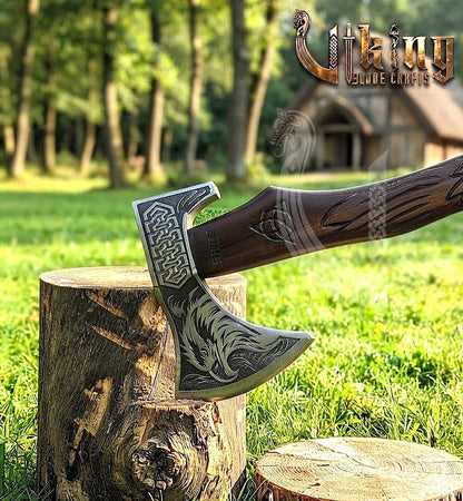 Huginn Muninn Viking Axe | Raven Carved Handle | Forged Steel