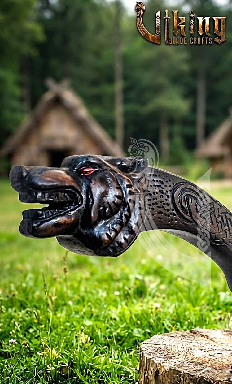 Viking Battle Axe | Hand Carved Wolf Handle | Forged Steel