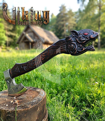 Ratatoskr Viking Axe | Hand Carved Handle | Forged Steel