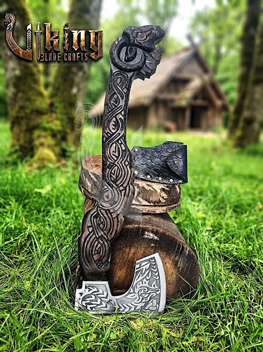 Hand Carved Viking Goat Axe | Geit Handle | Forged Steel