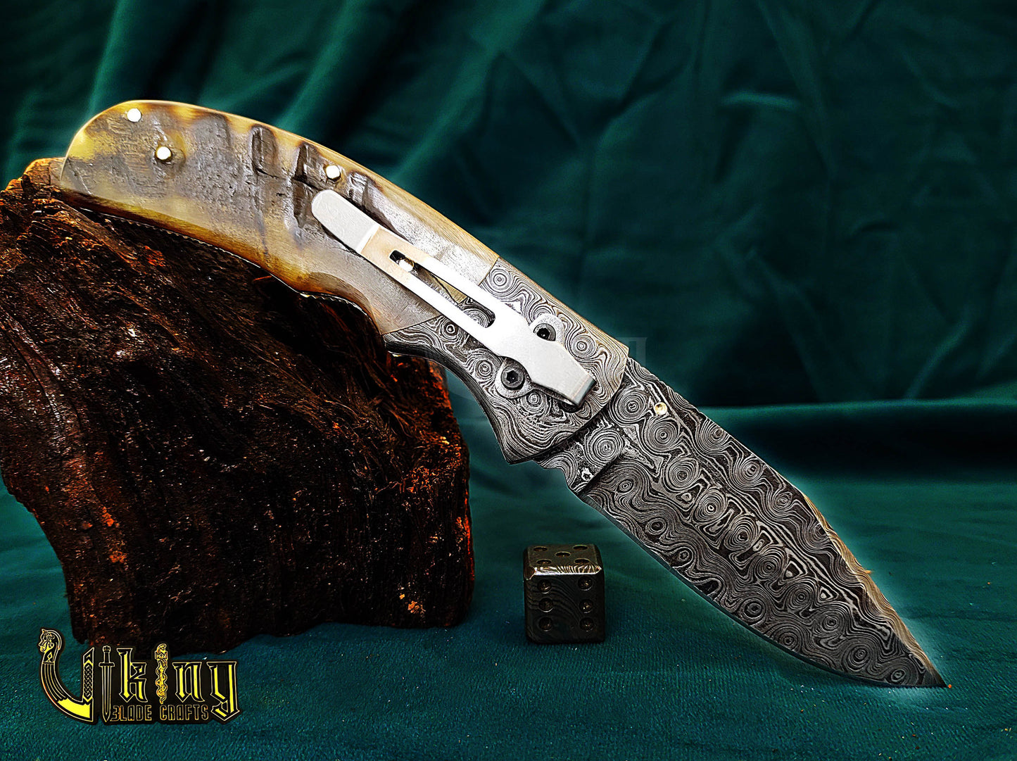 Hand-Forged Damascus Steel Folding Knife | Raindrop Pattern | Ram Horn Handle