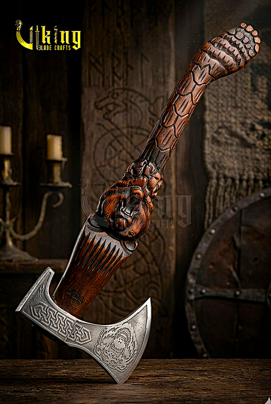 Raging Bear Viking Axe | Bjorn Series | Custom Hand-Carved Wood | Wooden Gift Box