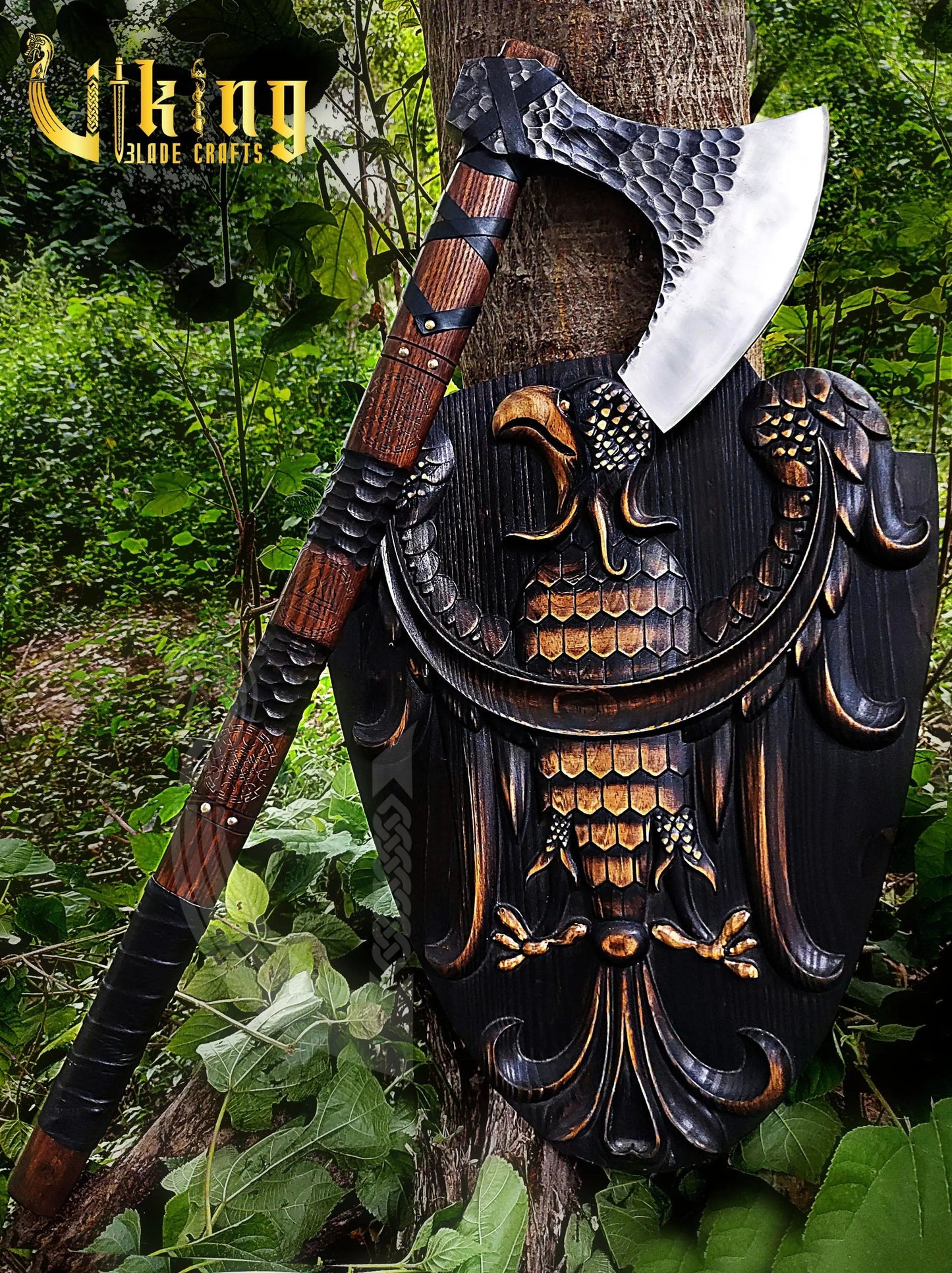 Hand-Forged 36" Viking Battle Axe & Carved Raven Shield Set Viking_Blade_Crafts