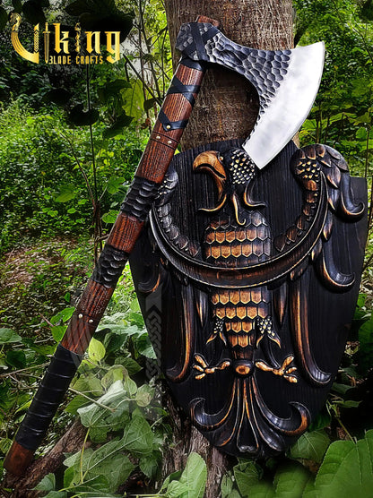 Hand-Forged 36" Viking Battle Axe & Carved Raven Shield Set Viking_Blade_Crafts