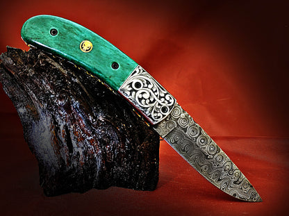 Damascus Pocket Knife with Stained Bone Handle – Ancient Hand-Carved Theme - Viking Blade Crafts