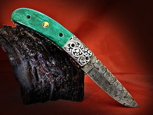 Damascus Pocket Knife with Stained Bone Handle – Ancient Hand-Carved Theme