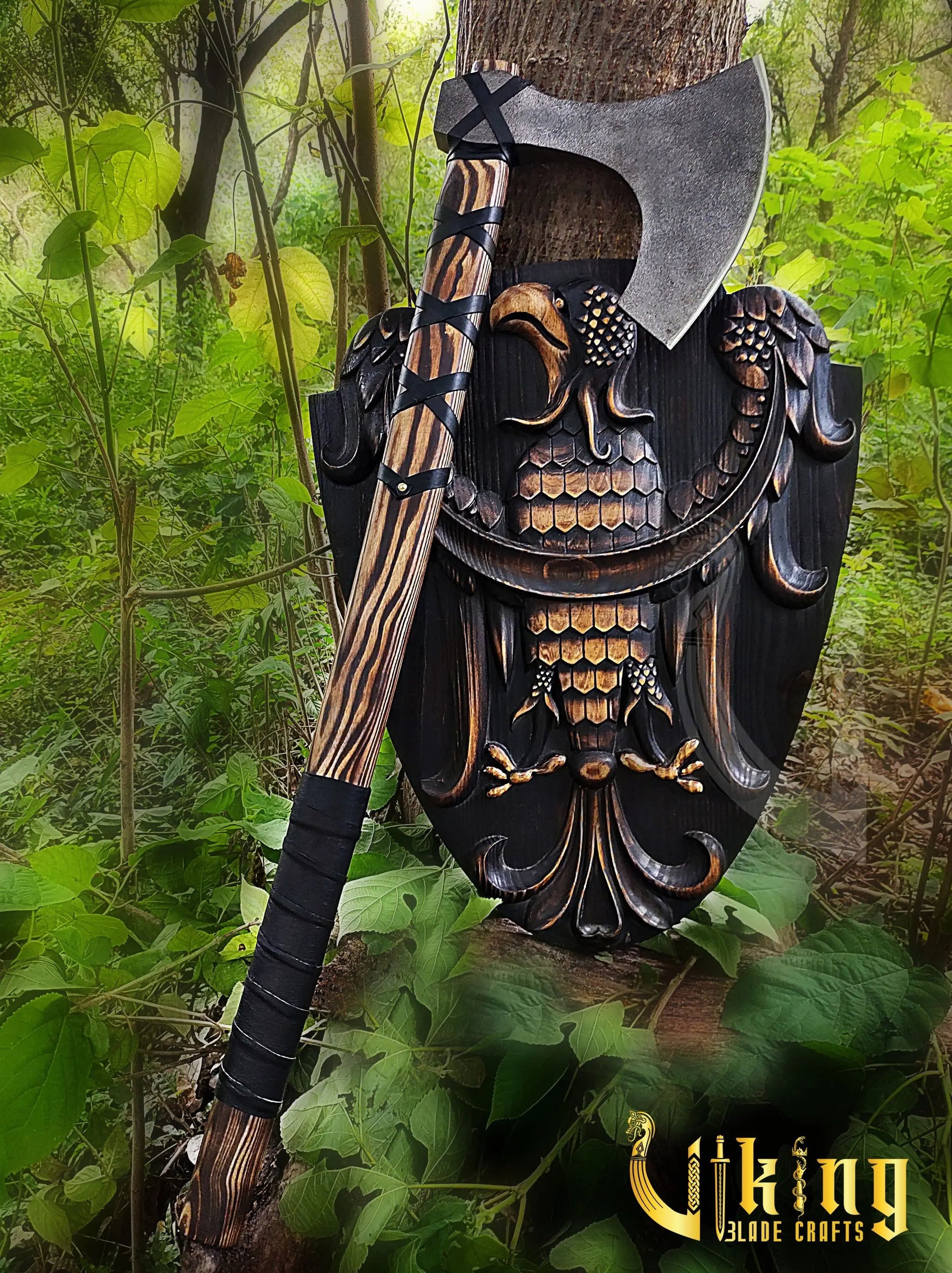 Handmade 36" Long Viking Battle Axe – High Carbon Steel Blade & Carved Raven Shield Viking_Blade_Crafts