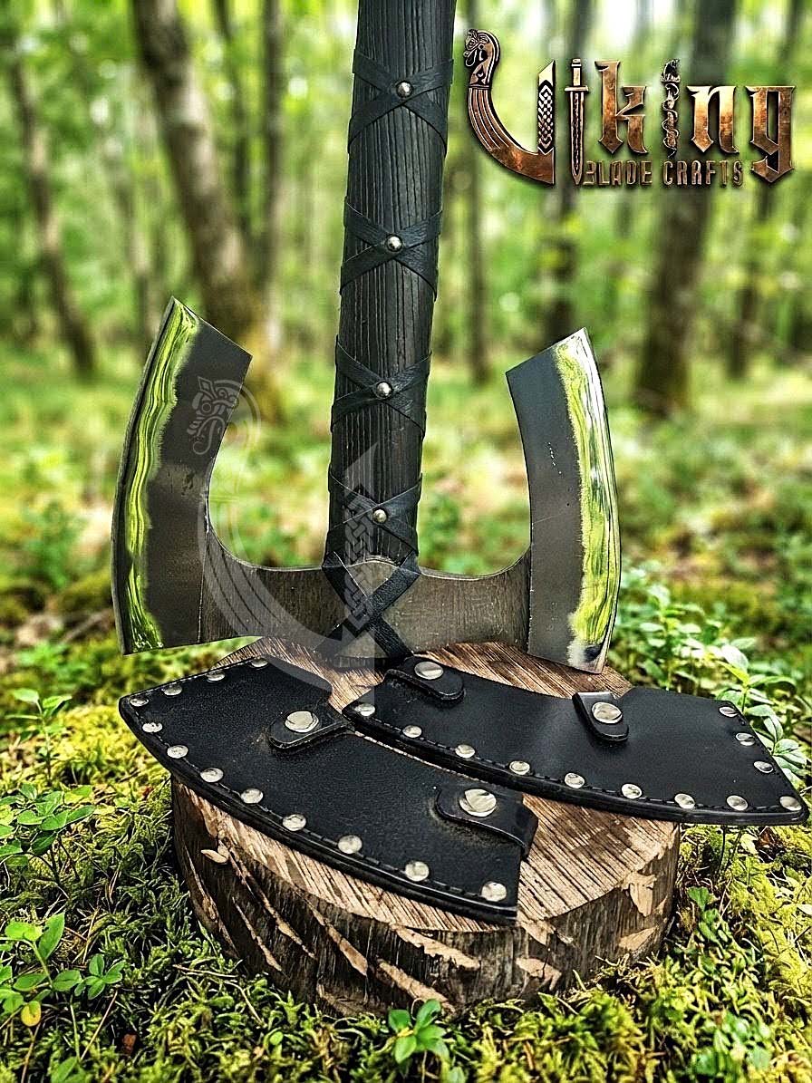 36" Double Bit Viking Axe - Hand Forged Carbon Steel & Leather Cover