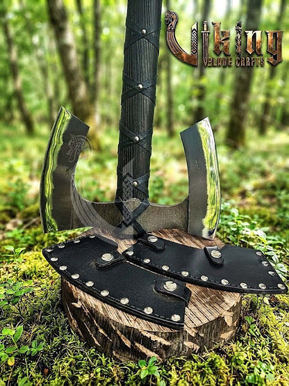 36" Double Bit Viking Axe - Hand Forged Carbon Steel & Leather Cover