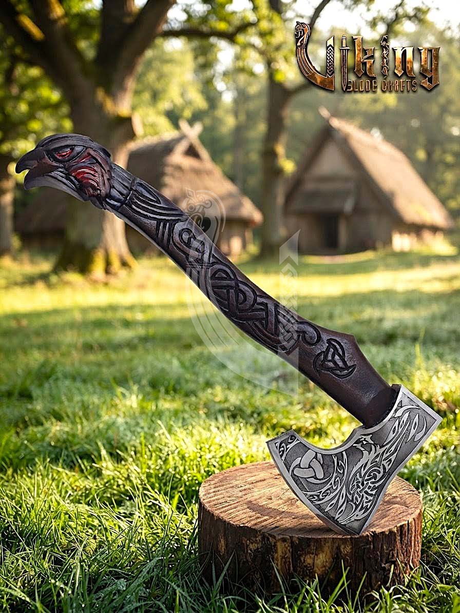 Raven Viking Axe | Hand Carved Handle | Forged Steel Hrafn