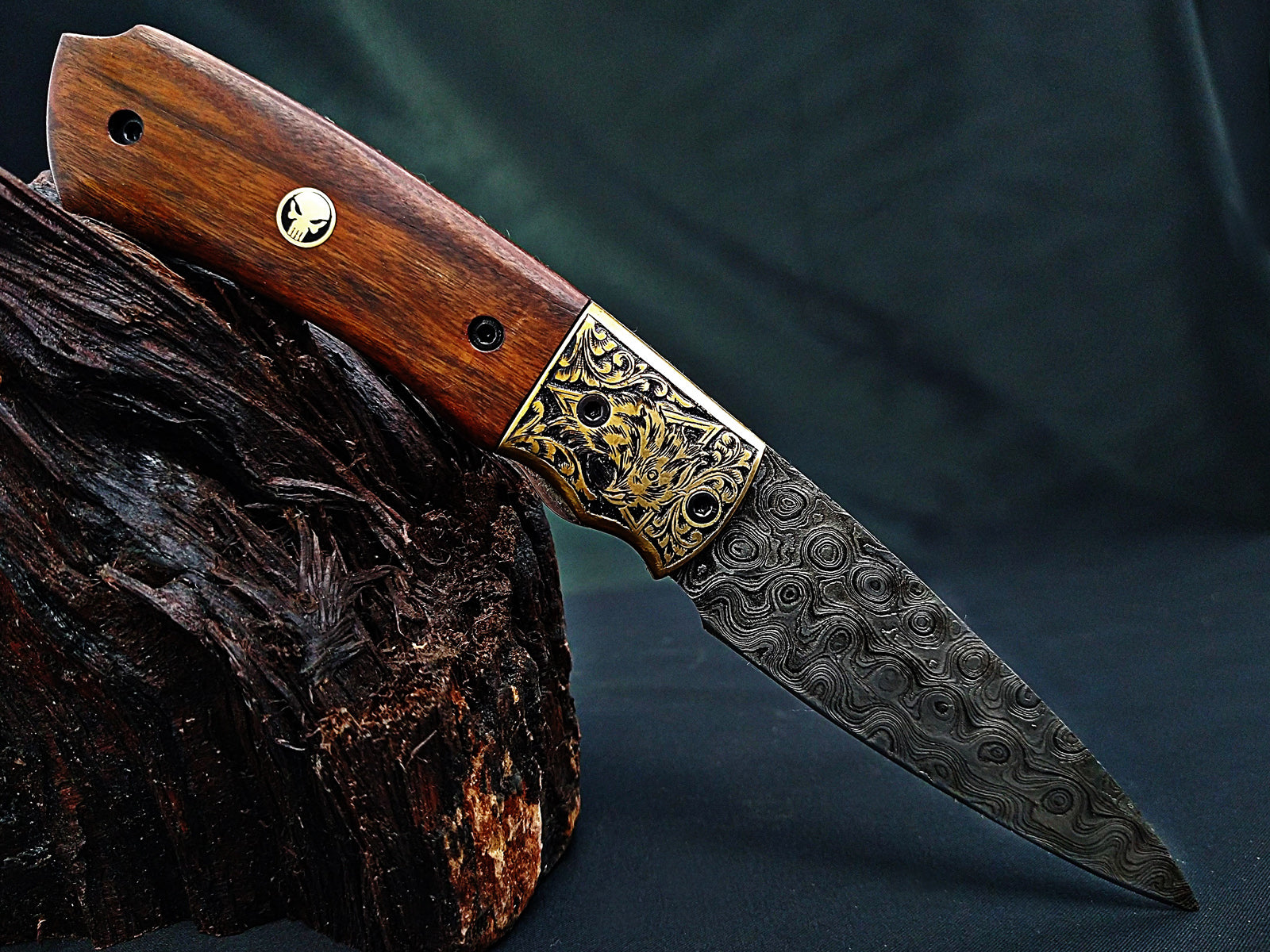 Damascus Steel Folding Pocket Knife – Viking Eagle Engraved Rosewood Handle - Viking Blade Crafts