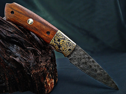 Damascus Steel Folding Pocket Knife – Viking Eagle Engraved Rosewood Handle - Viking Blade Crafts