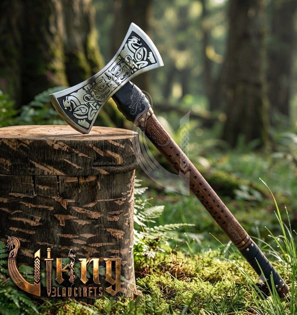 The Helm of Awe 30" Forged Viking Axe & Carved Wooden – Norse Warrior Axe